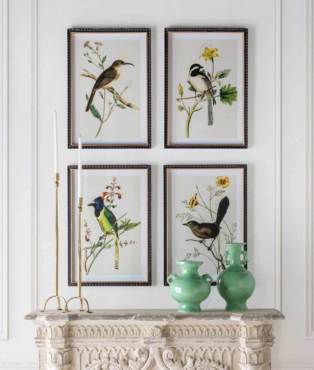 Framed botanical prints of birds and flowers on a wall above a decorative fireplace mantle.