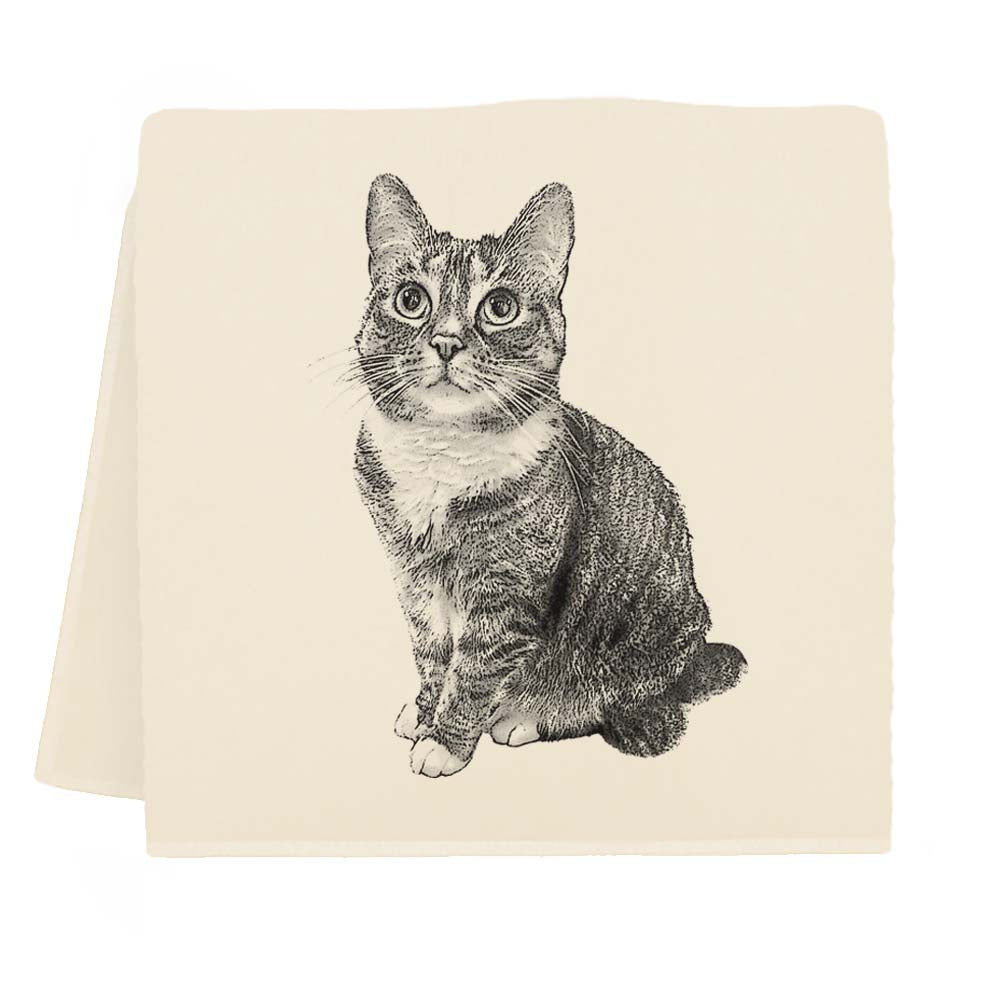 Illustration of a seated tabby cat on an Eric & Christopher Izzy Tea Towel with a pale background.