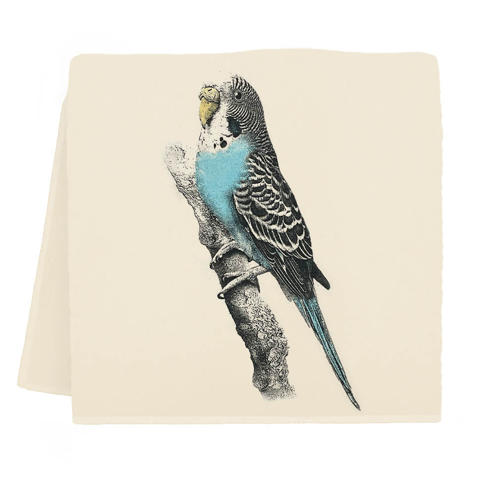 A high-quality fabric kitchen towel with a blue parakeet on it, the Eric &amp; Christopher Blu Tea Towel.