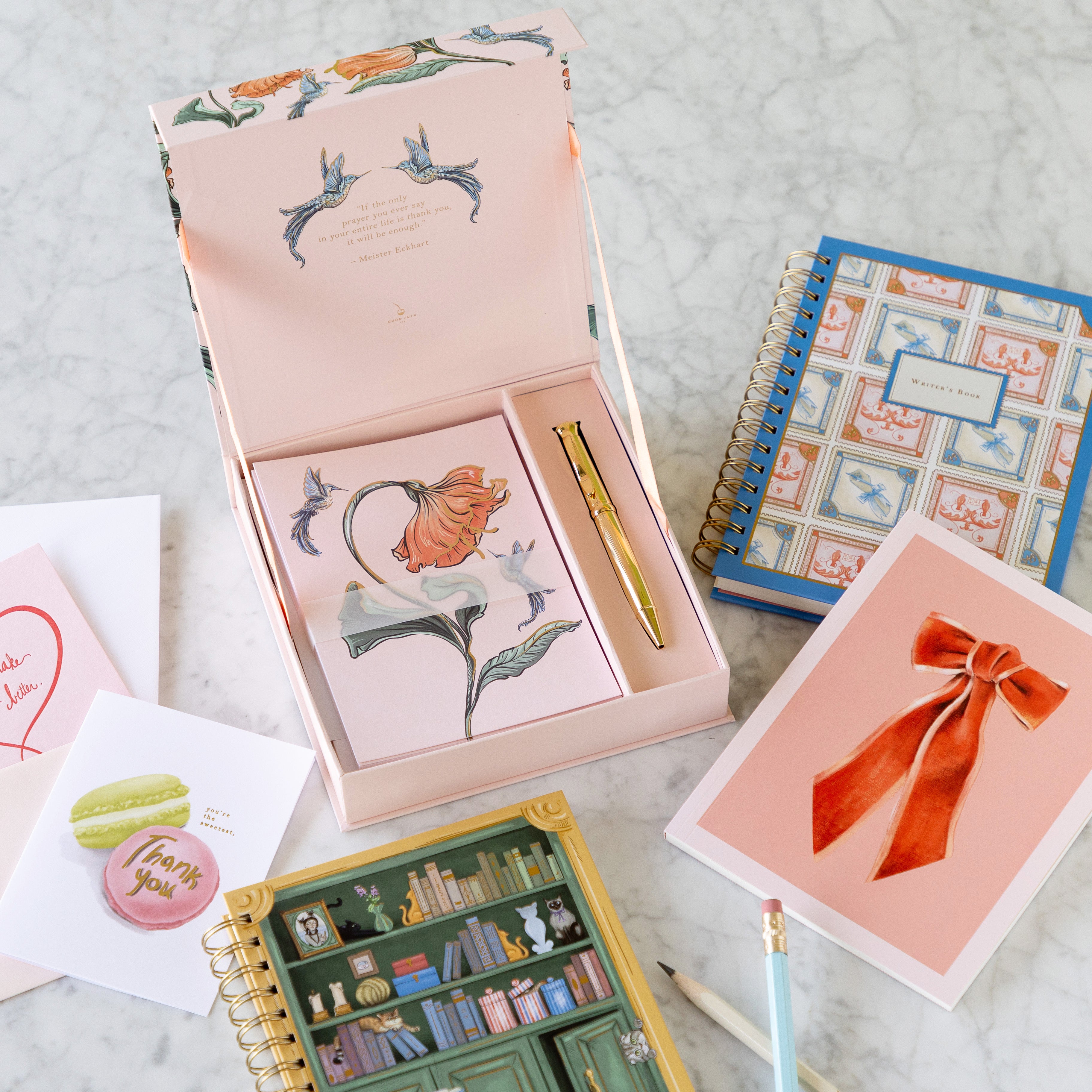 Hummingbird Luxury Stationery Set surrounded by Good Juju Ink stationery.