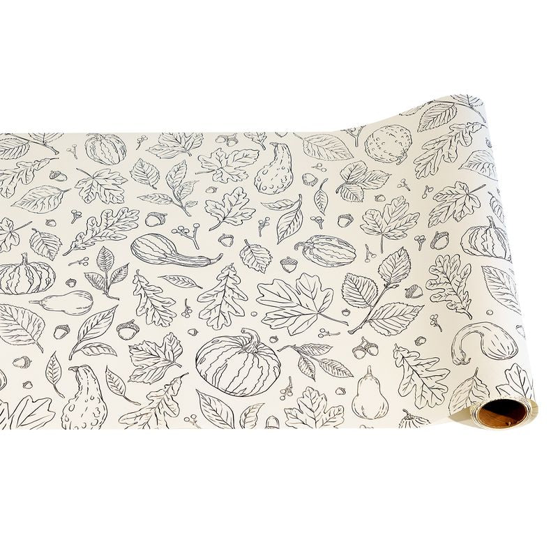 A roll of white paper covered in a collection of black line art leaves, pumpkins, gourds and acorns, perfect for coloring with colored pencils or crayons.