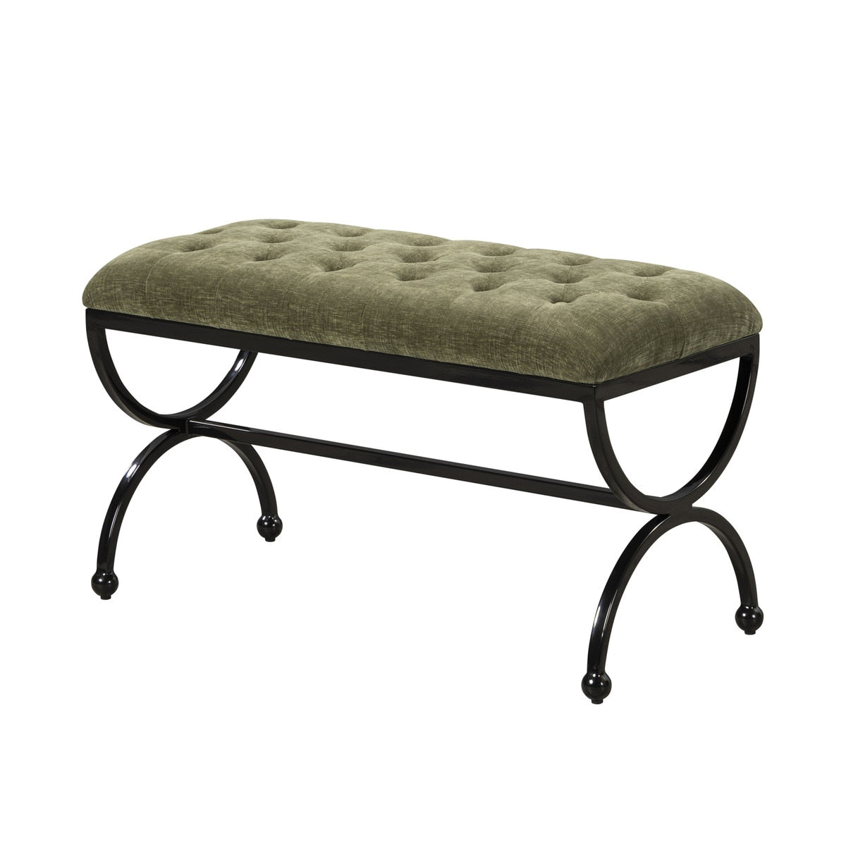 Green upholstered bench with black metal frame on a white background