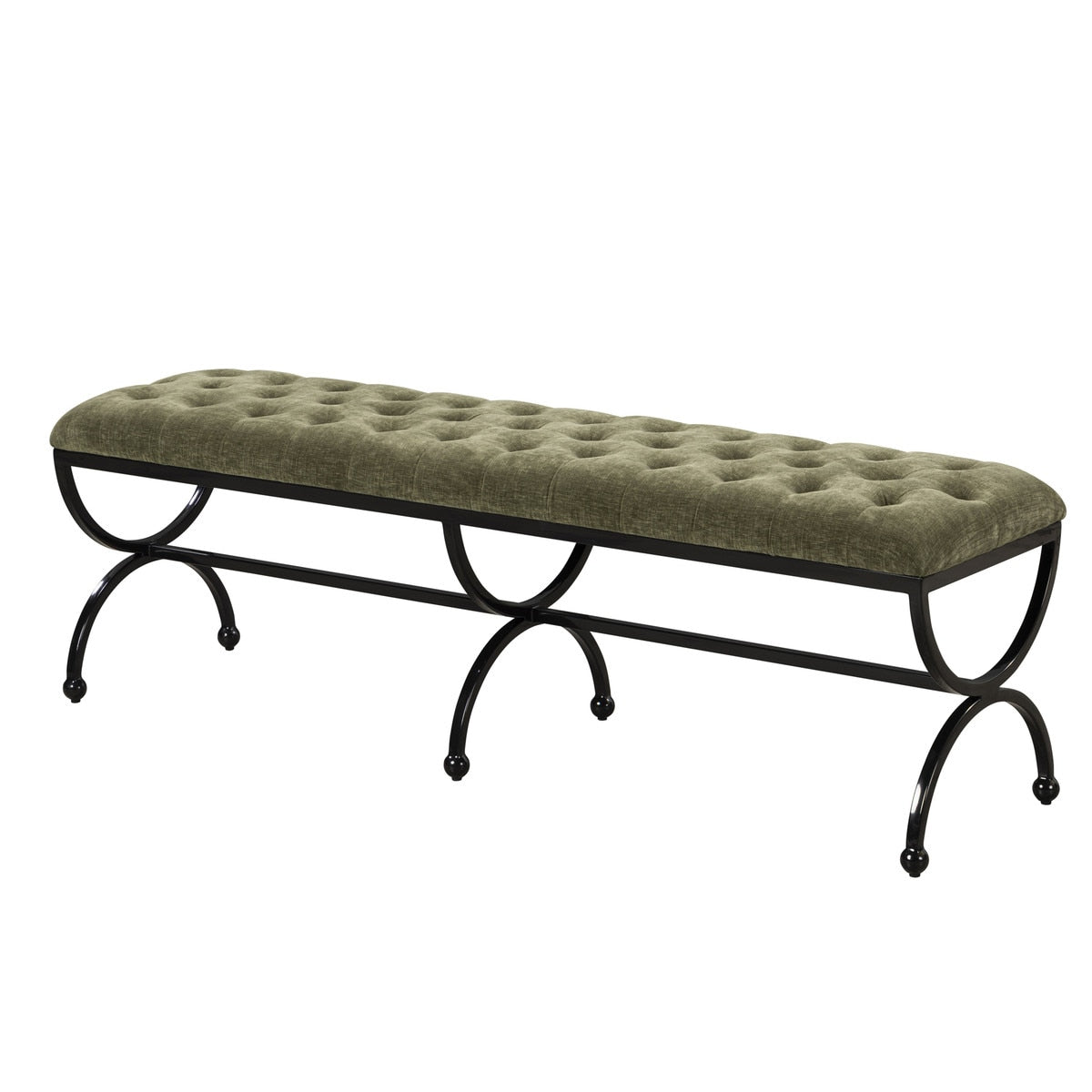 Green upholstered bench with black metal legs on a white background