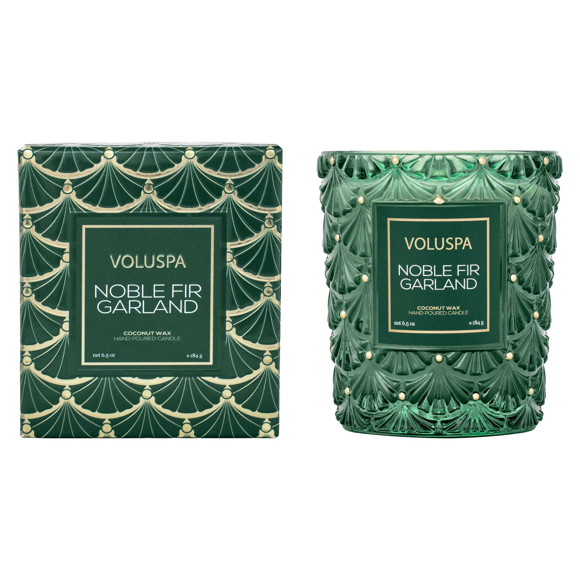 Green glass Noble Fir Garland Candle with corresponding box next to it in 6.5oz size.