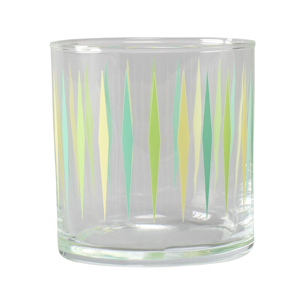 Clear glass candle holder with green and yellow leaf pattern on a white background
