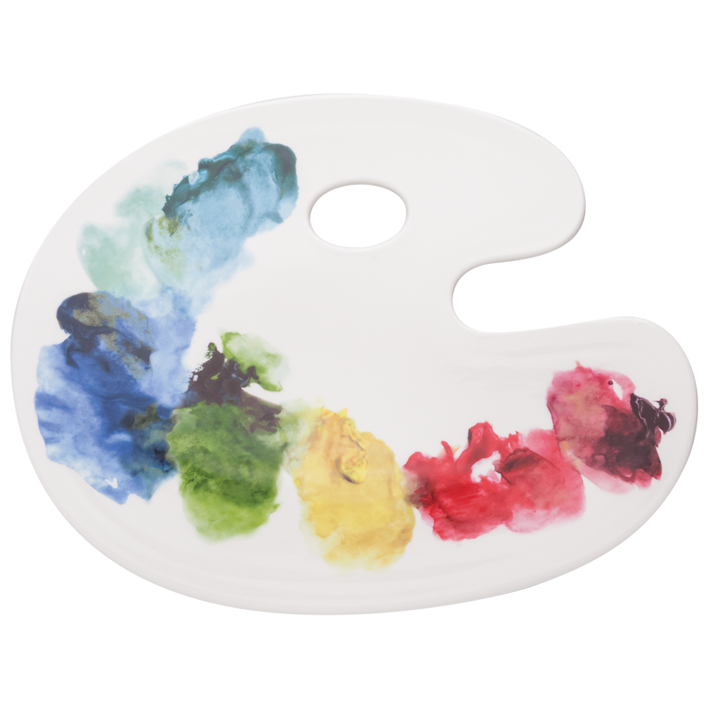 A paint palette styled plate with watercolor swatches of blue, green, yellow, red, and purple on a white background.