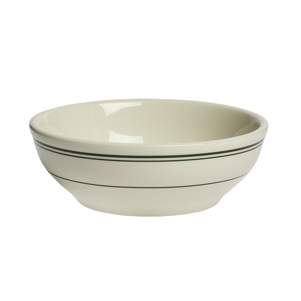 Beige ceramic bowl with black stripes on a white background