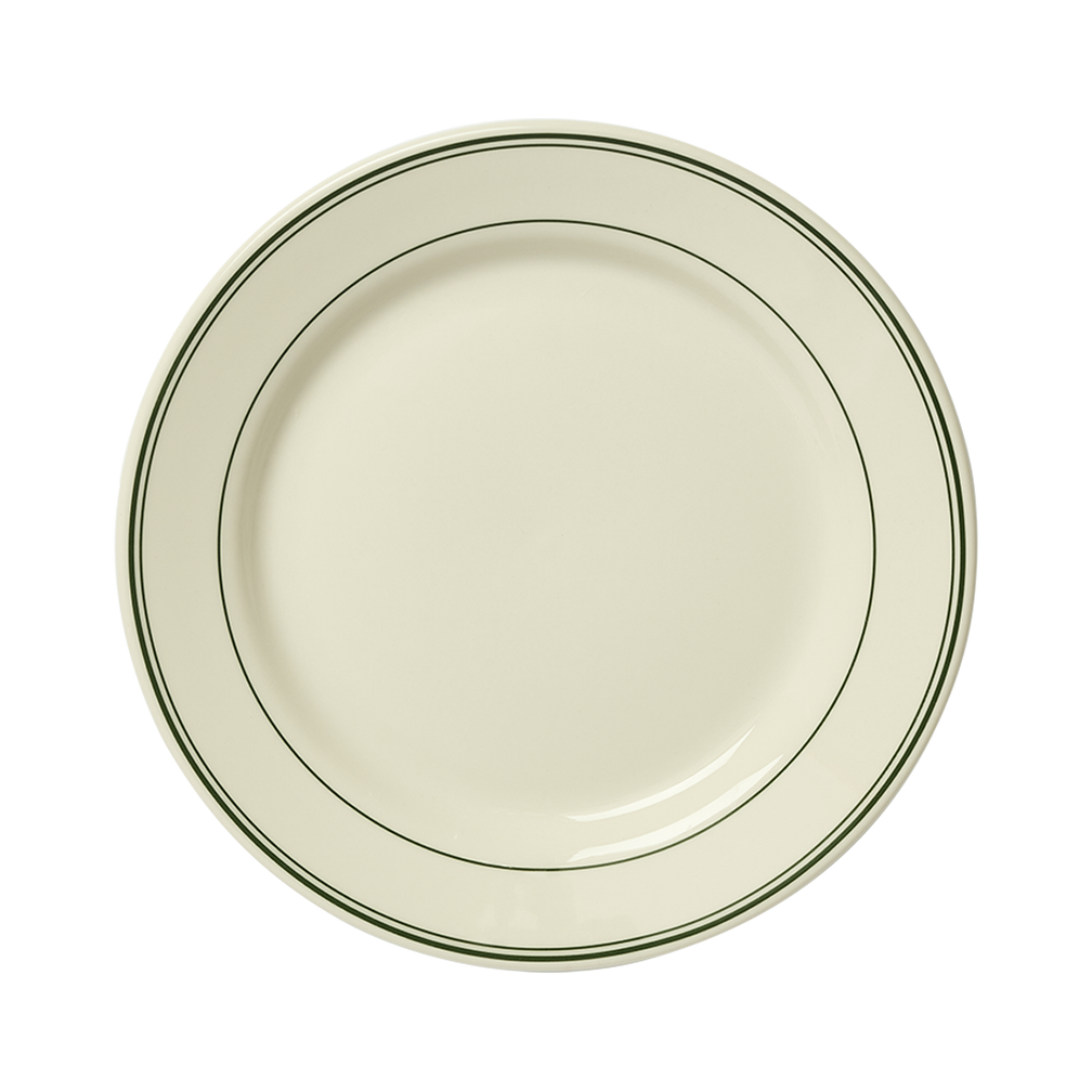 Beige ceramic plate with a green rim on a white background