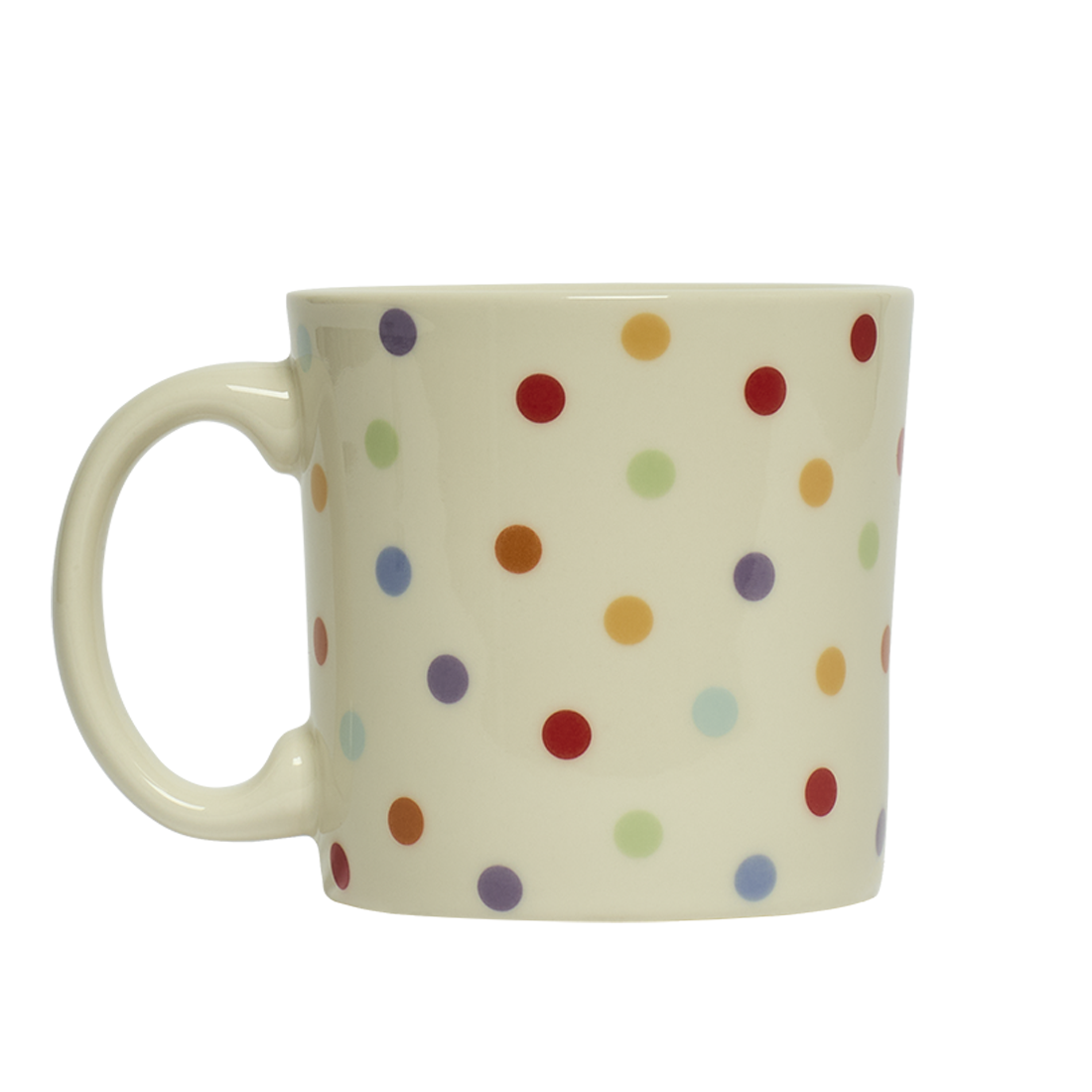 Cream-colored mug with multicolored polka dots on a white background