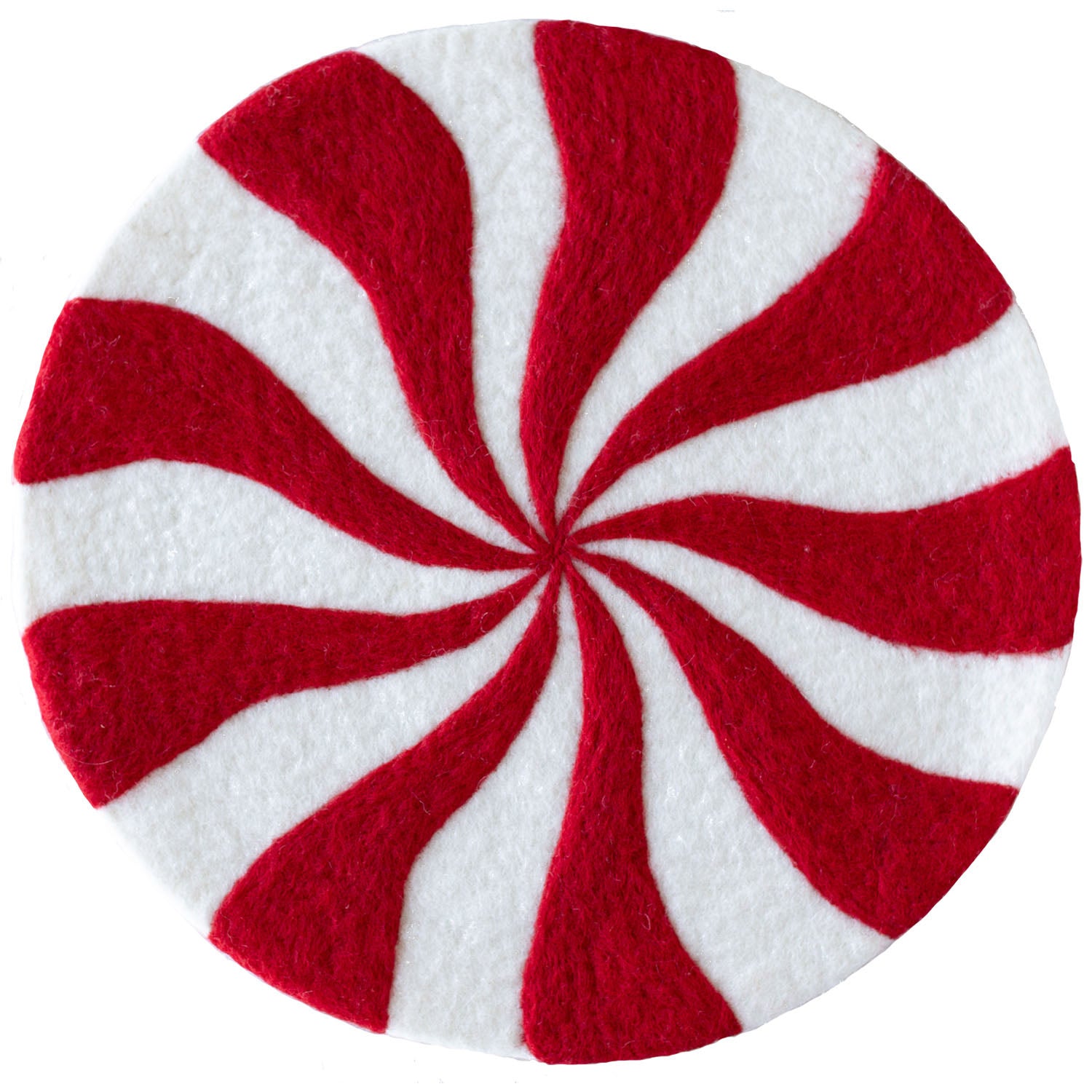 A round, flat placemat of red and white candy stripe artisan felt is displayed against a white background.