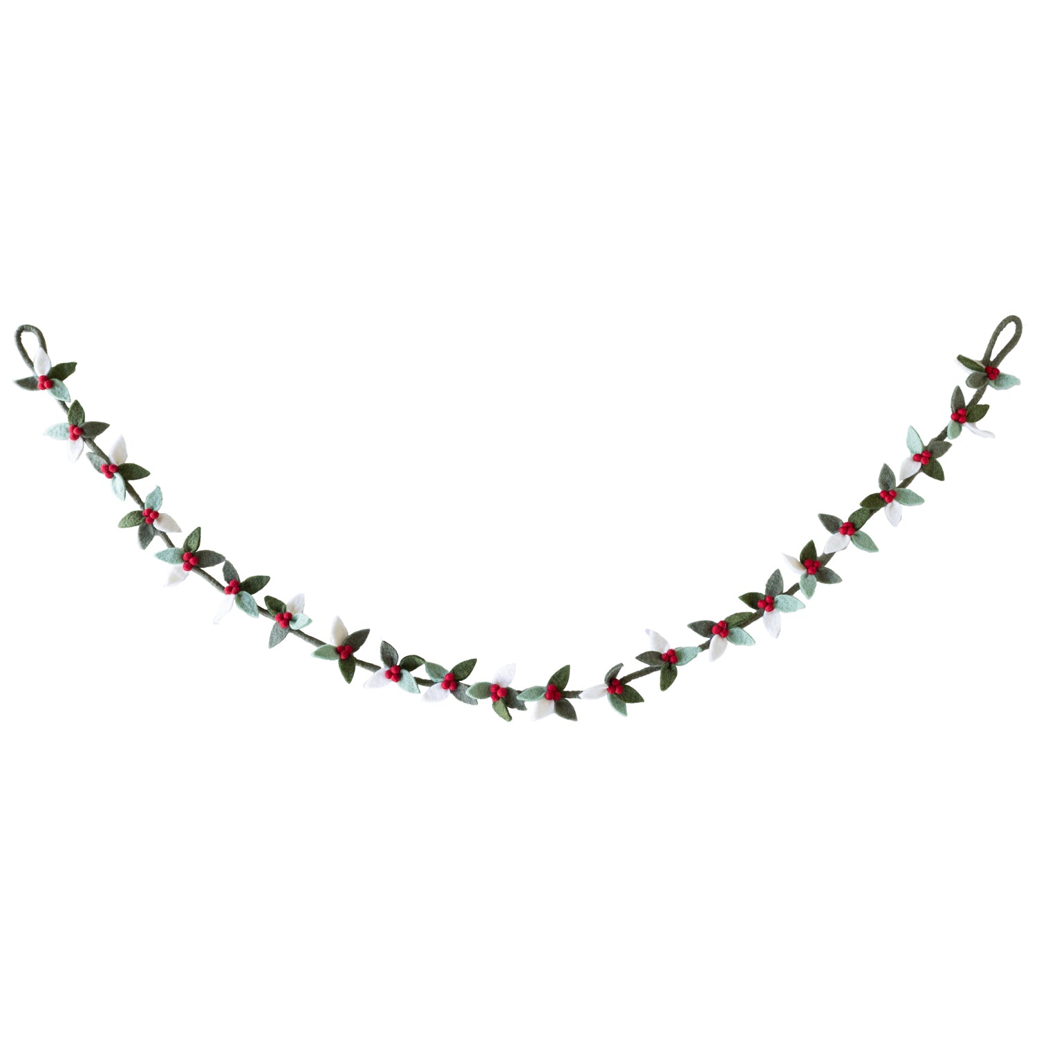 A handmade holiday garland featuring alternating green, white, and red felt leaves with small red balls, arranged in a gentle curve against a white background.