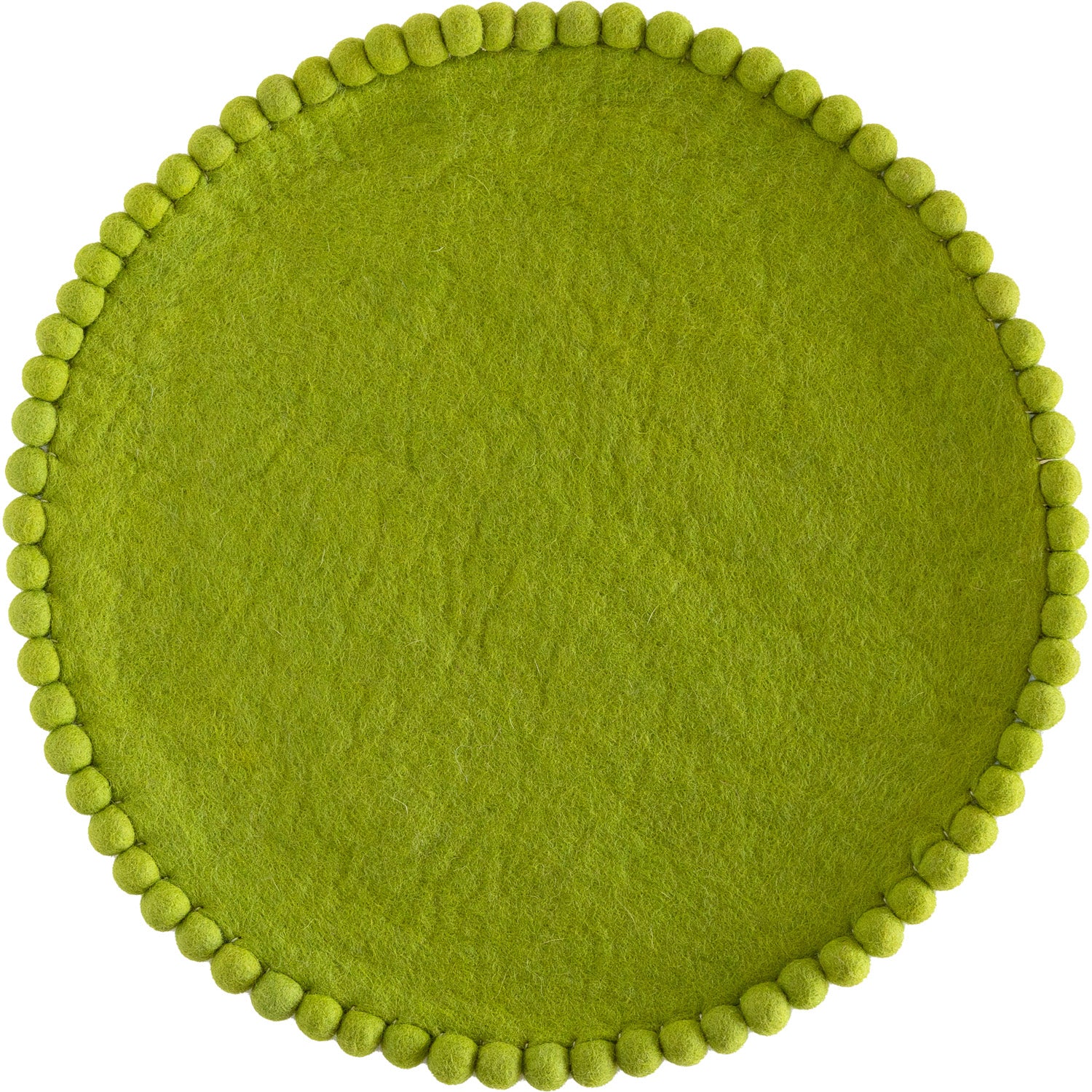 Spring Green colored round felt placemat with small pom poms around the edge.