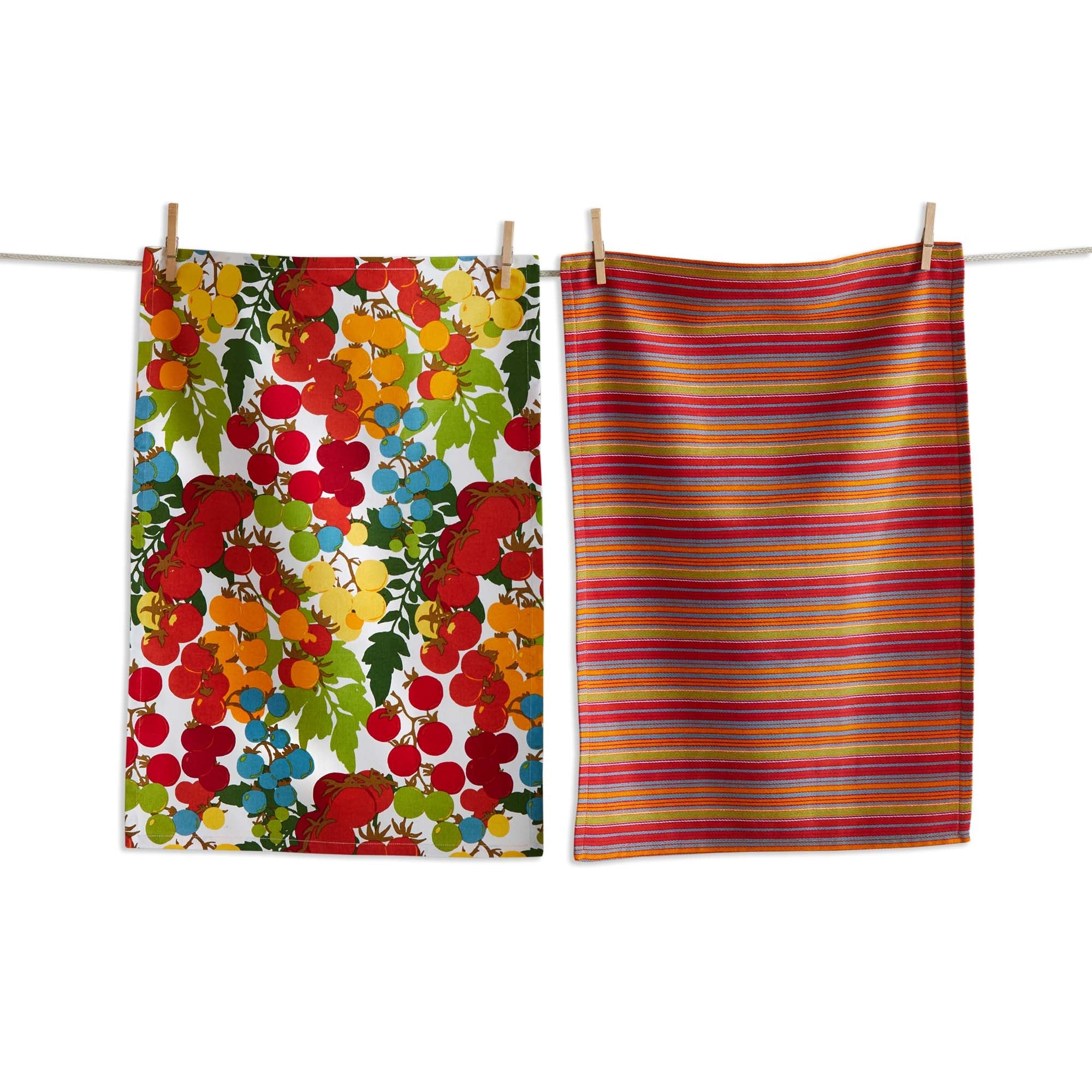 Garden Tomato Dishtowel S/2 hanging on a clothes line.
