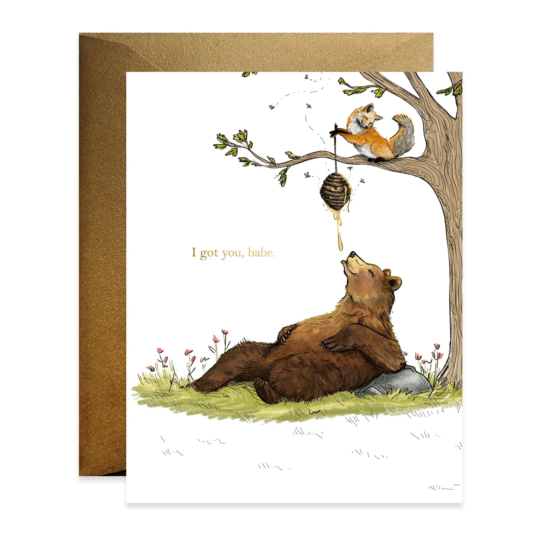 I got you babe greeting card by Good Juju featuring artwork of a bear eating honey.