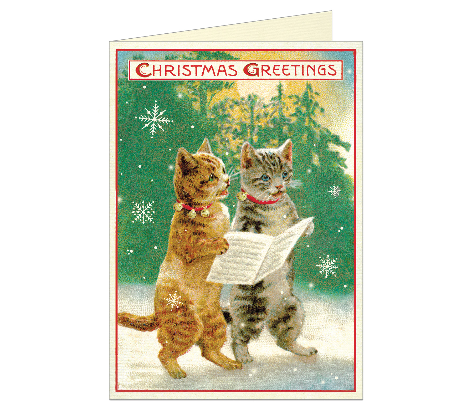 Christmas Cats Greeting Card showing two cats holding a paper in a snowy woods scene and "Christmas Greetings" at the top of the card.
