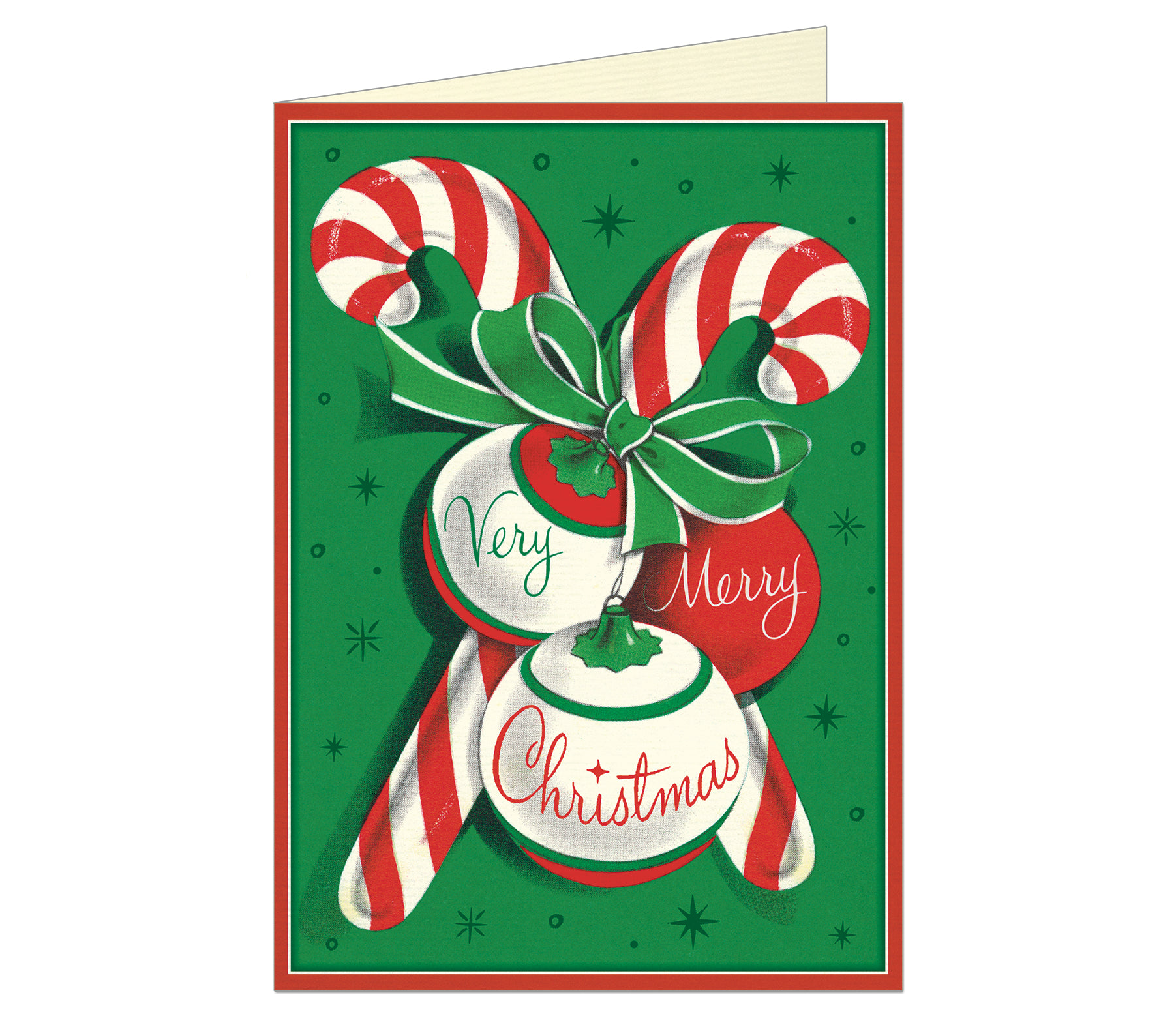 A greeting card with 2 candy canes crossed with a bow around one, and three ornaments with the words "Very", "Merry" and "Christmas" on them.