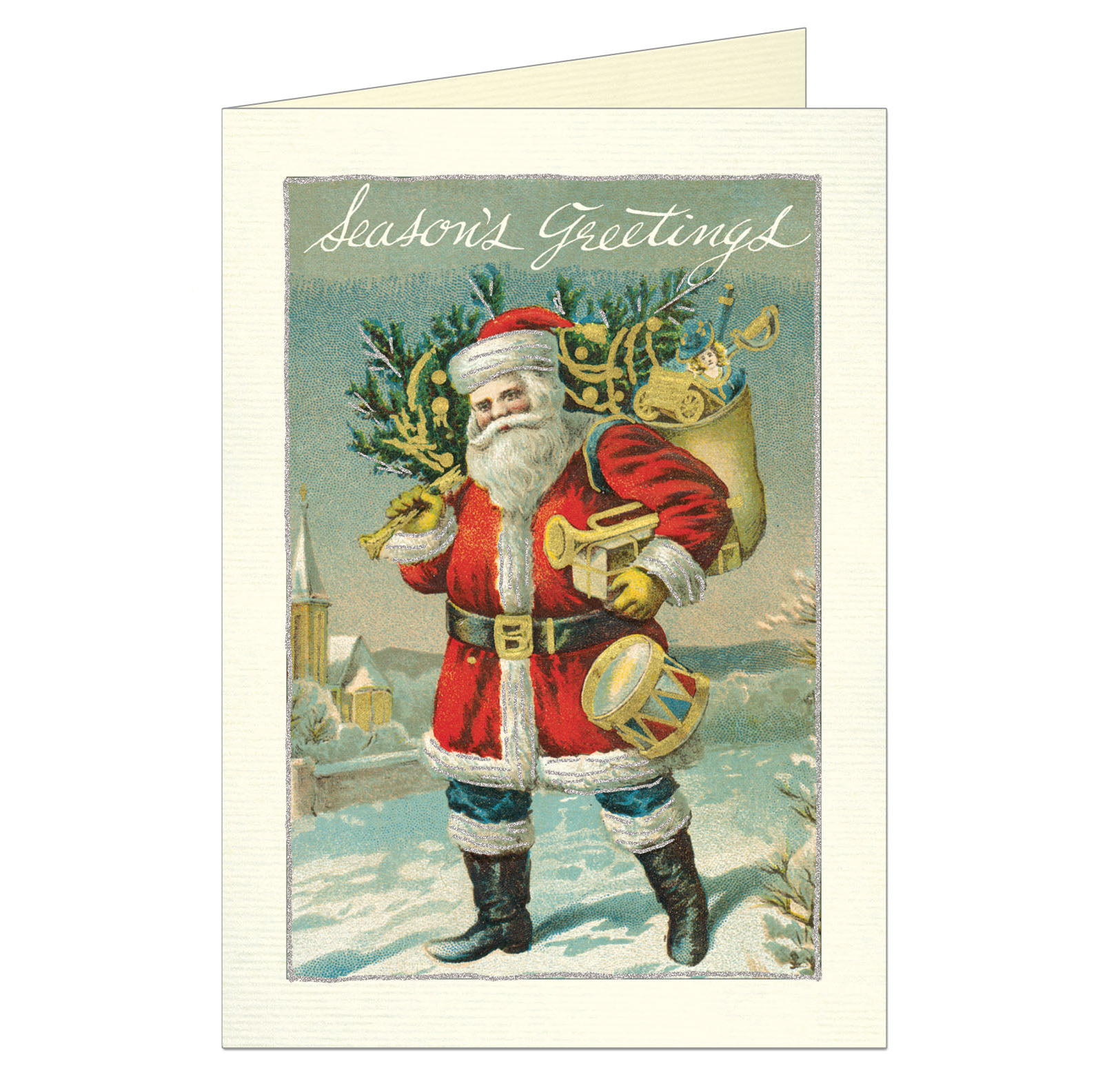Card with vintage image of Santa Claus holding a Christmas tree on one shoulder and carrying his bag full of toys over the other shoulder and "Season&