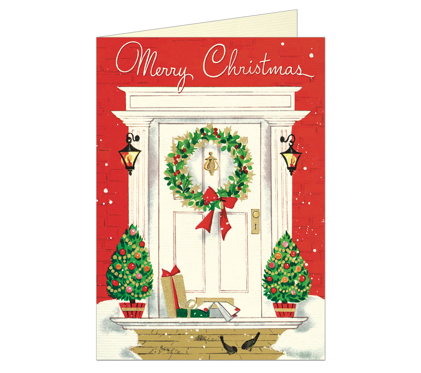 Greeting card with a drawing of a red brick house and its white front door with a wreath on it and packages in front of it saying Merry Christmas in script.