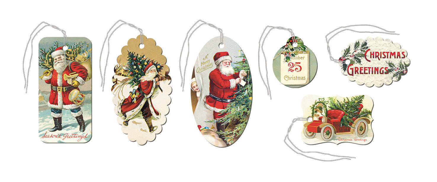 6 different nostalgic christmas gift tags on a white background.