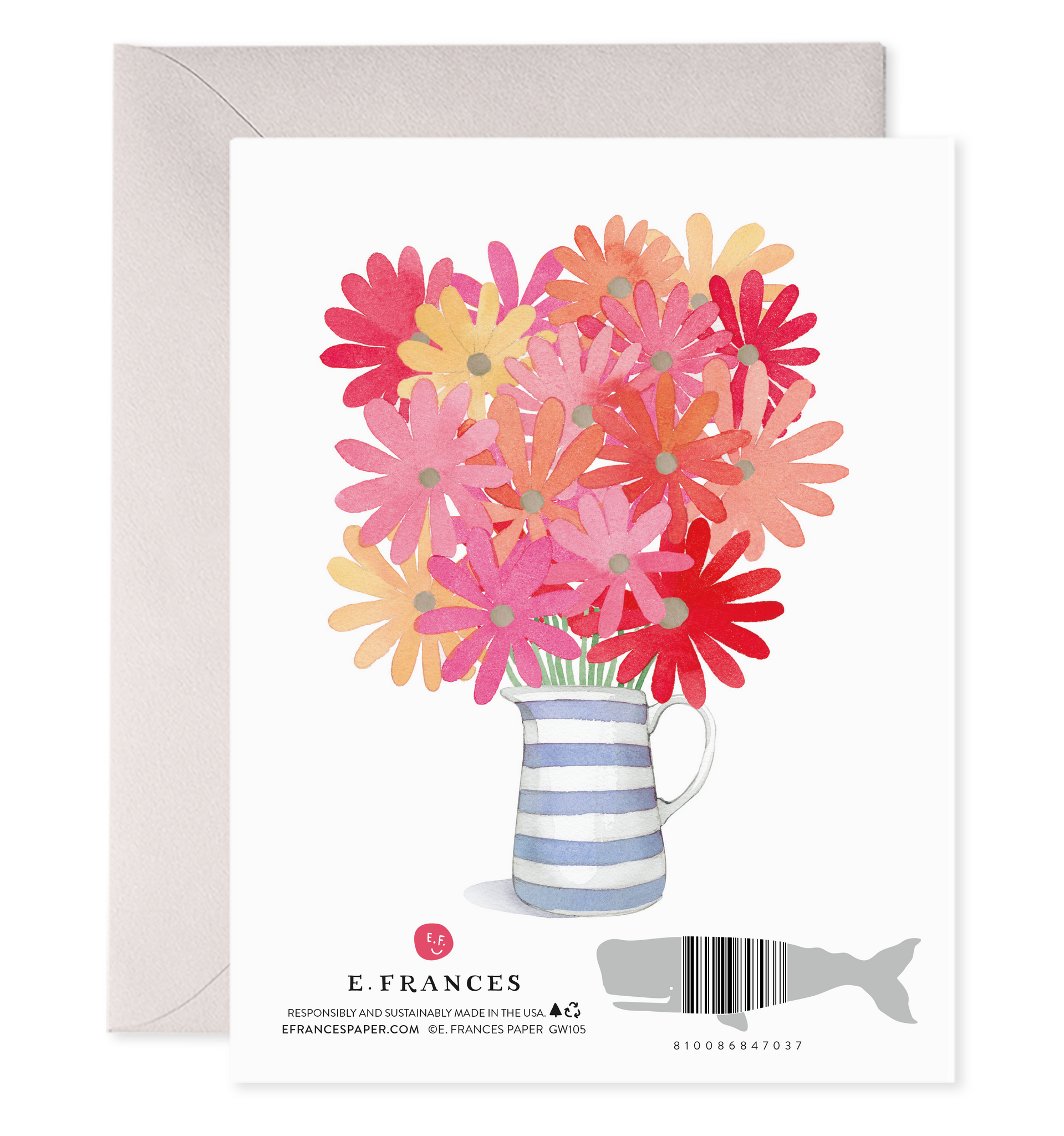 back of card with illustration of blue & white stripe pitcher holding flowers of various shades of pinks & reds