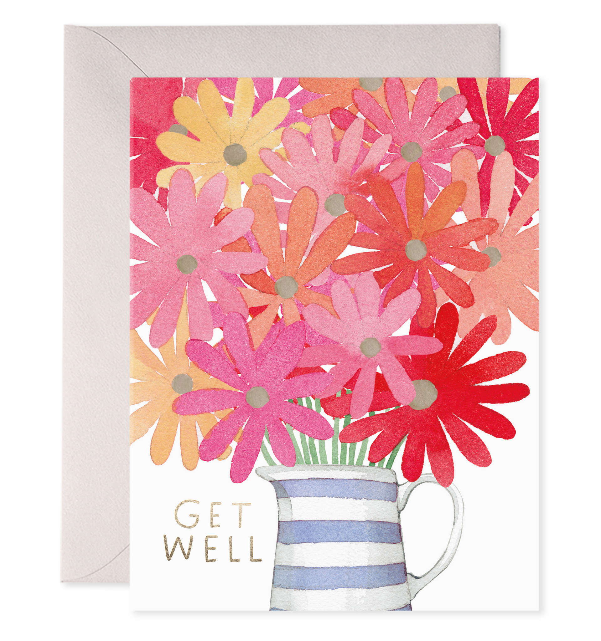 Front of card with illustration of a pitcher with flowers coming out of it in various shades of pink and red. In the corner of the card it says "Get well" in gold foil.