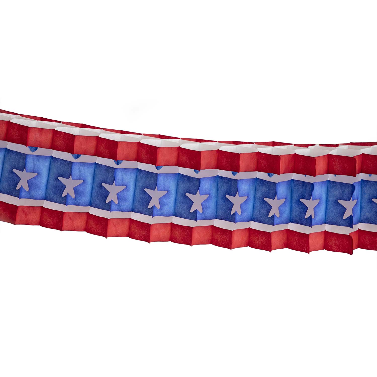 A Hester & Cook Patriotic Star Garland with blue and red stripes on a white background.