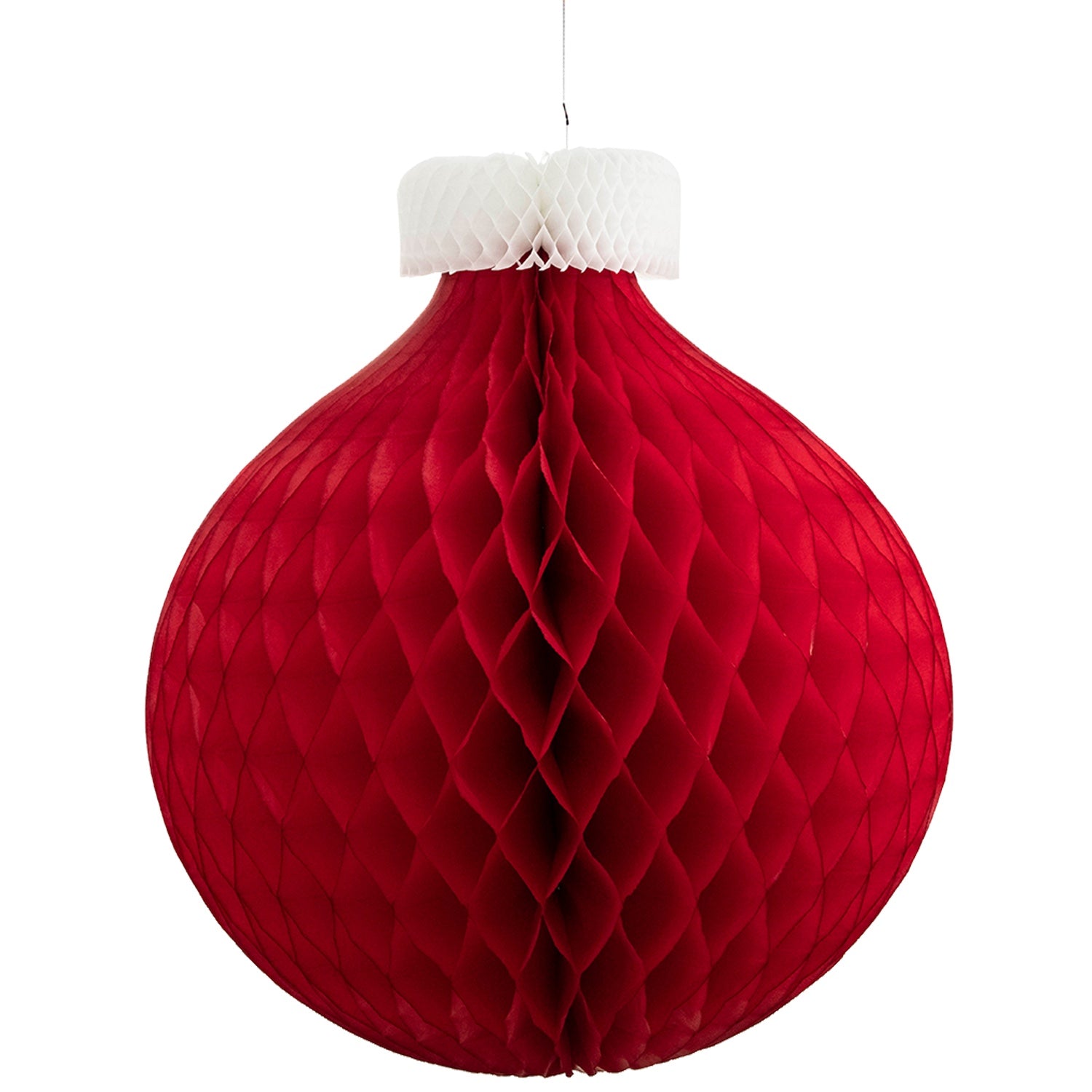 A 26" Honeycomb Large Classic Ornament in red with a white top, hanging.