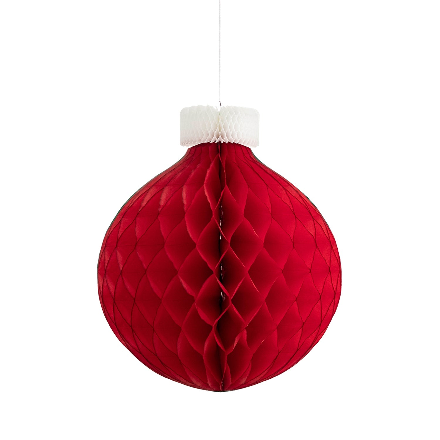 An 18.5", Honeycomb Medium Classic Ornament in red with a white top, hanging.