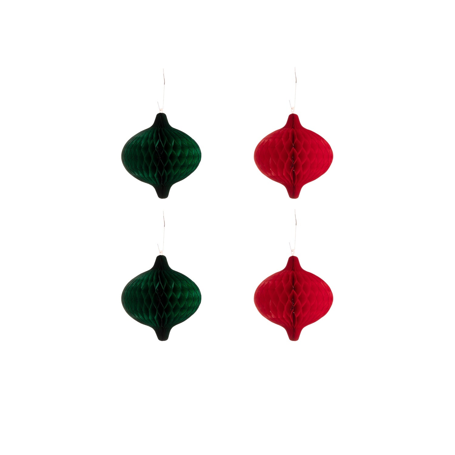 4.6" Honeycomb Tapered Ornaments Set of 4 in green and red, hooked together.