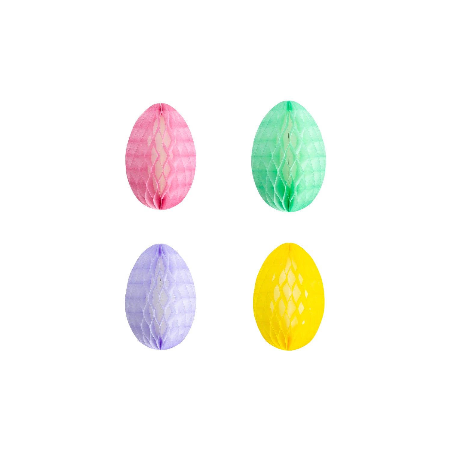 Four colorful paper Easter eggs on a white background.