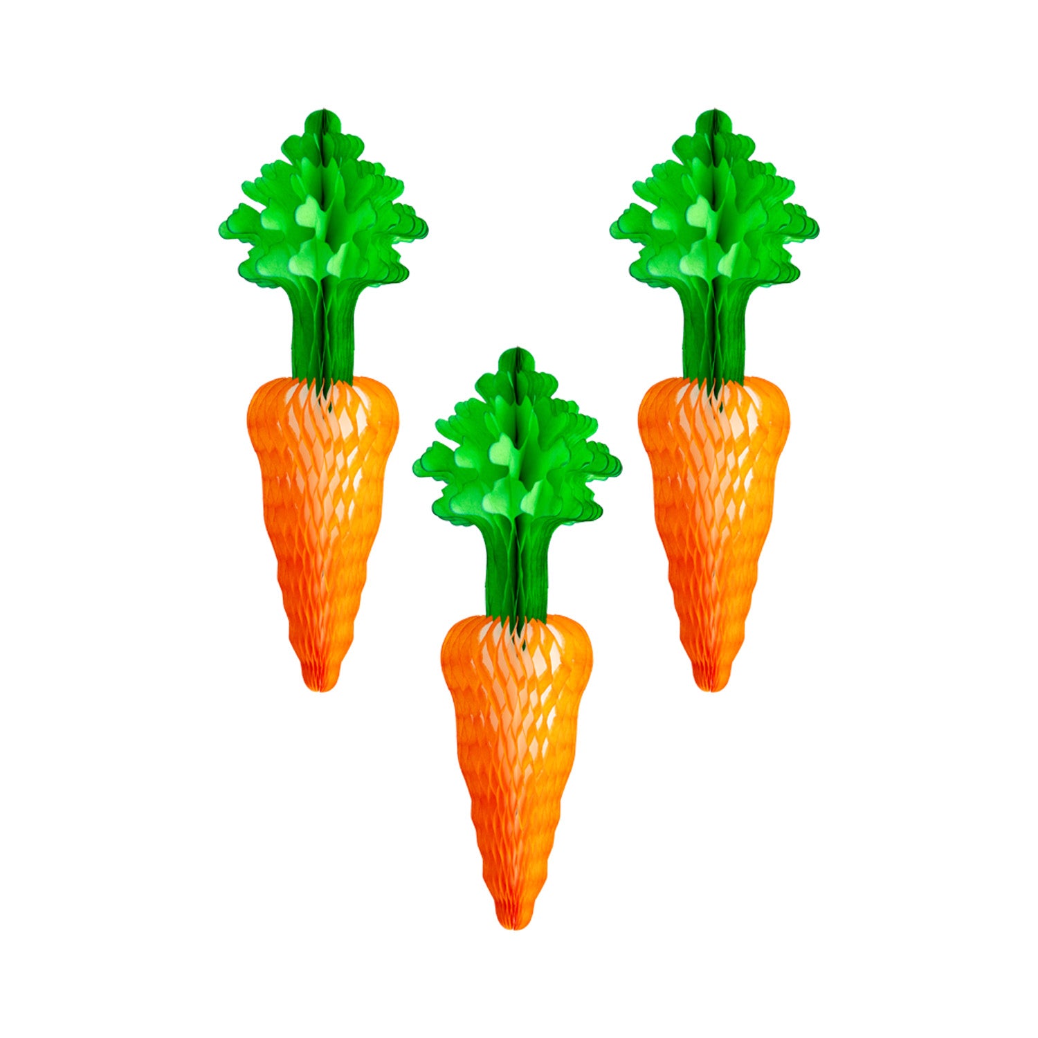 Three carrot-shaped honeycombs with green tops on a white background.