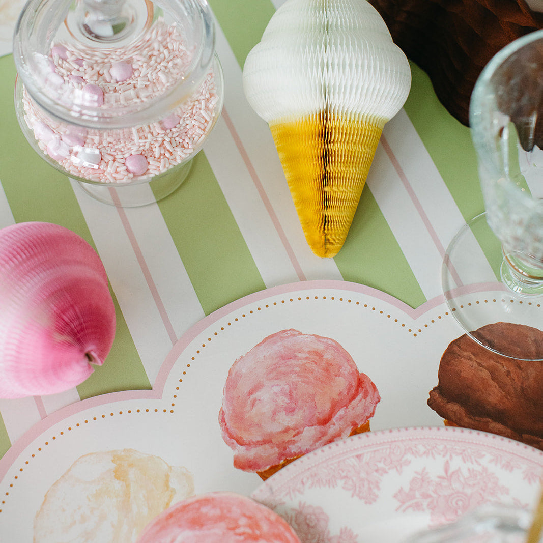 The Green & Pink Awning Stripe Runner under the Die-cut Ice Cream Placemat.