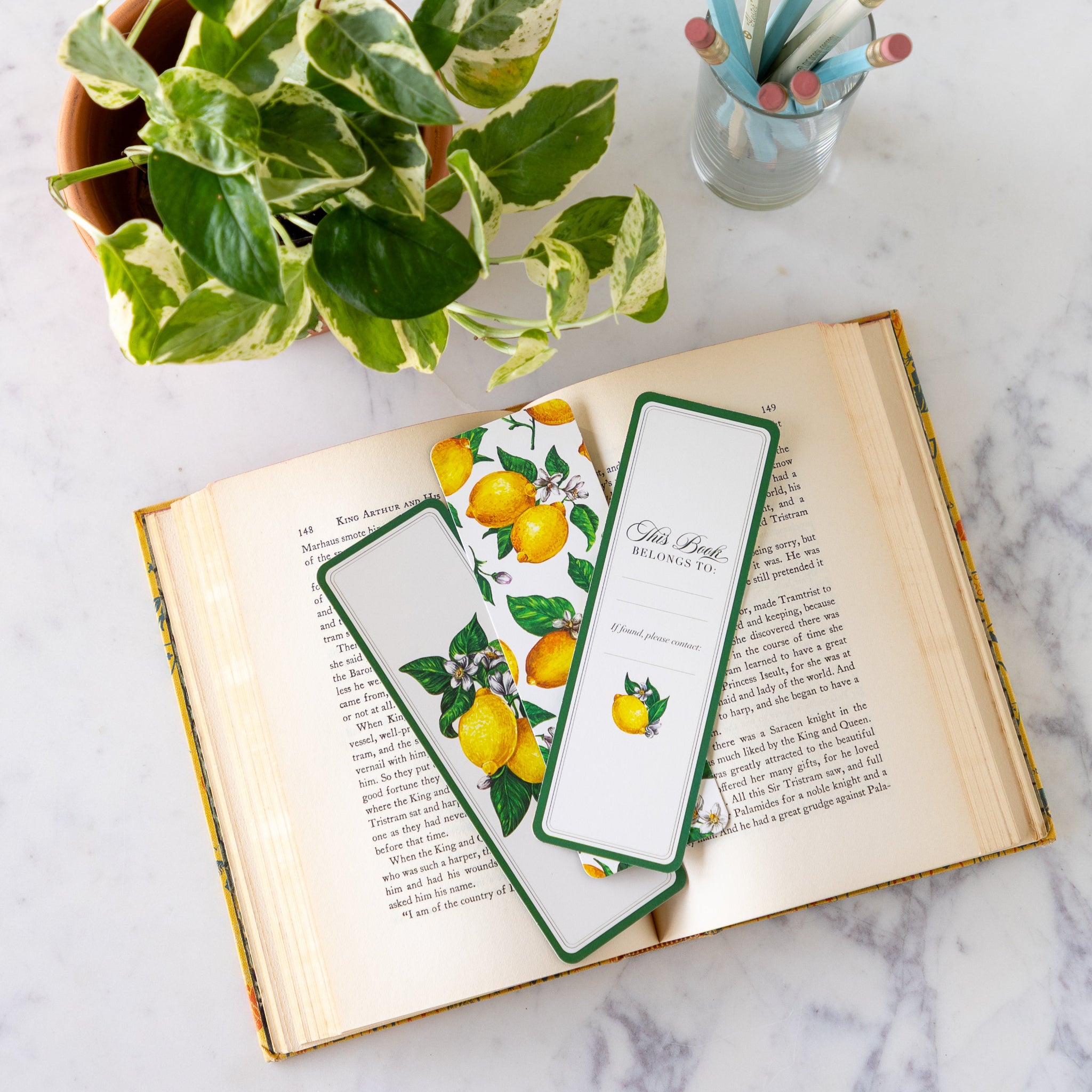 Open book with lemon-themed bookmarks on a marble surface with a plant and pencils.