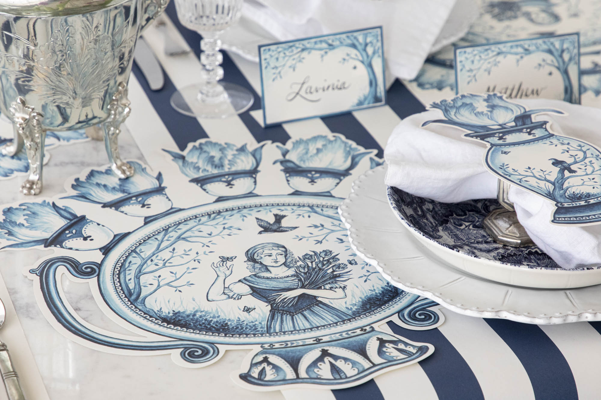 A table with plates, buffet labels, and an Indigo Meadow Place Card Holder by Hester & Cook to make guests feel extra special.