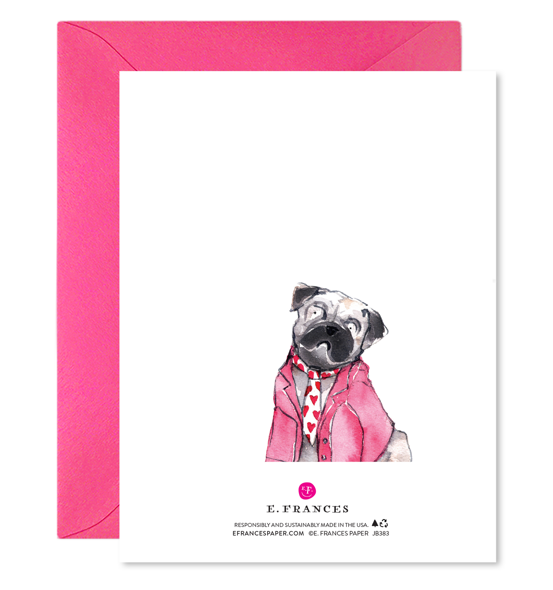 Back of card with illustration of single dog on it with a pink jacket on wearing a tie with hearts on it.