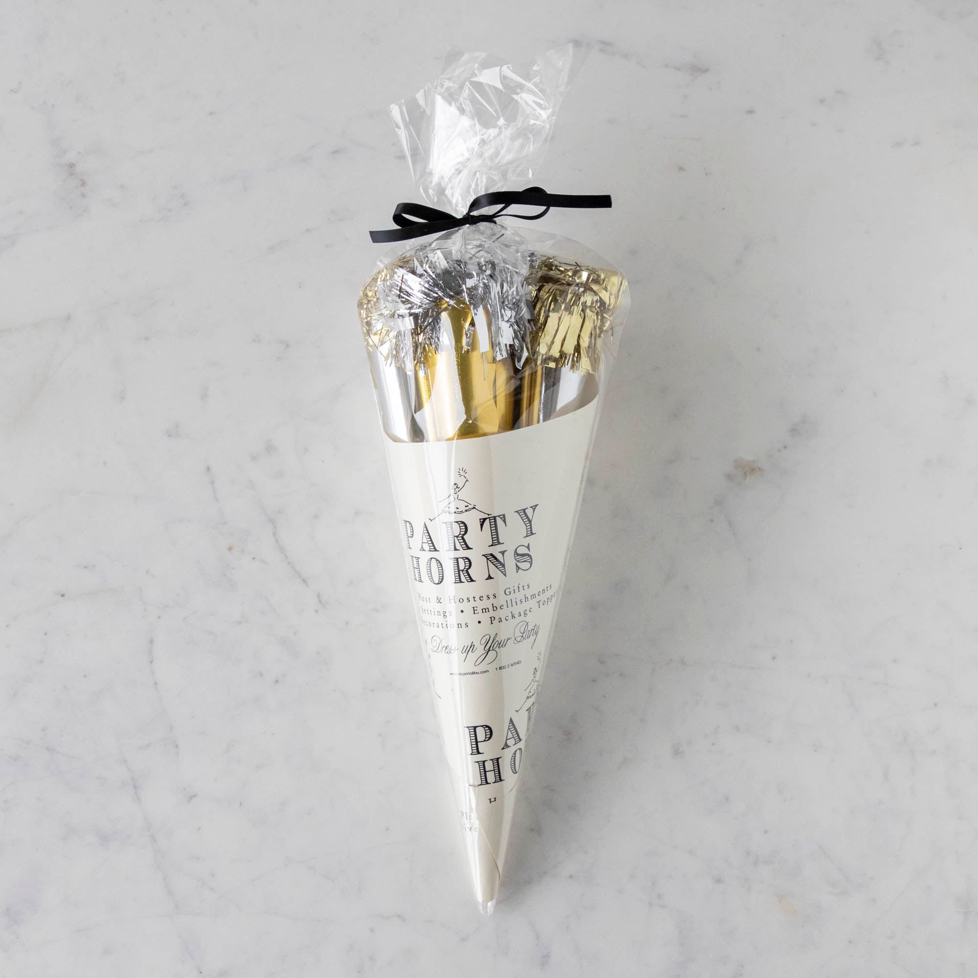 An elegant Tops Malibu Party Horn Bouquet Gold/Silver with tinsel tassels.