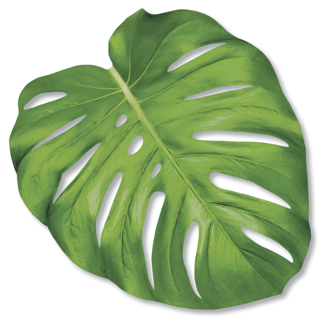 A die-cut, illustrated monstera leaf in vibrant green, with additional holes die-cut from the leaf.
