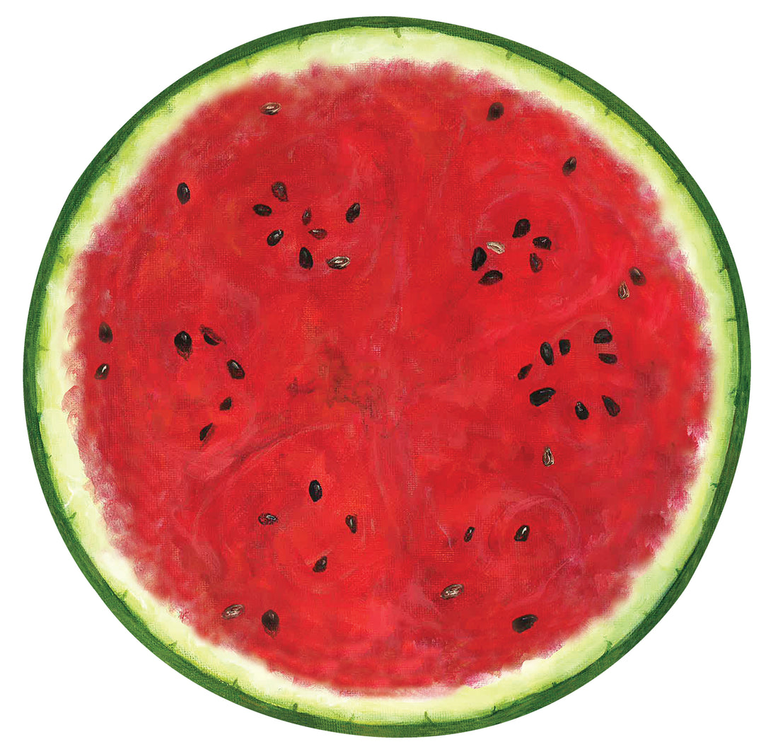 A circular die-cut illustration depicting the cross-section of a ripe watermelon, with green and white rind around the edge, and juicy red fruit speckled with black seeds in the middle.