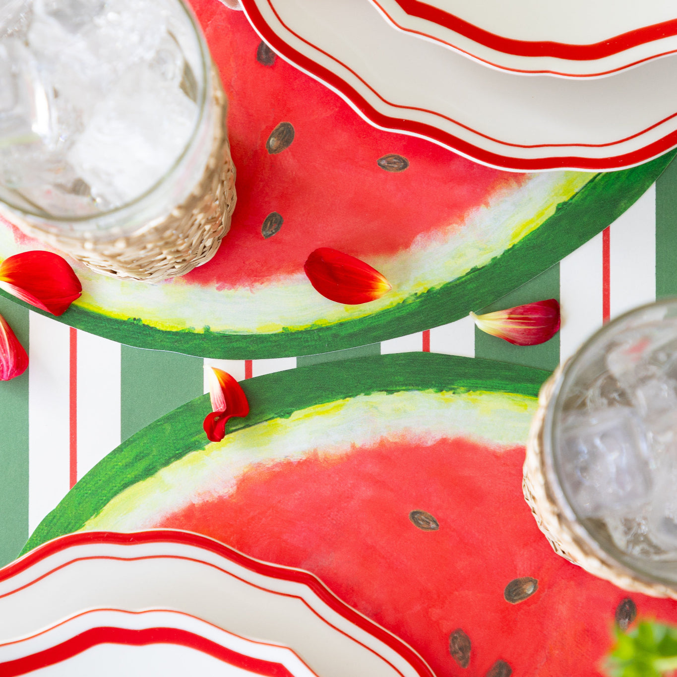 Table setting with Die-cut Watermelon Placemat and glasses on the Green & Red Awning Stripe Runner.