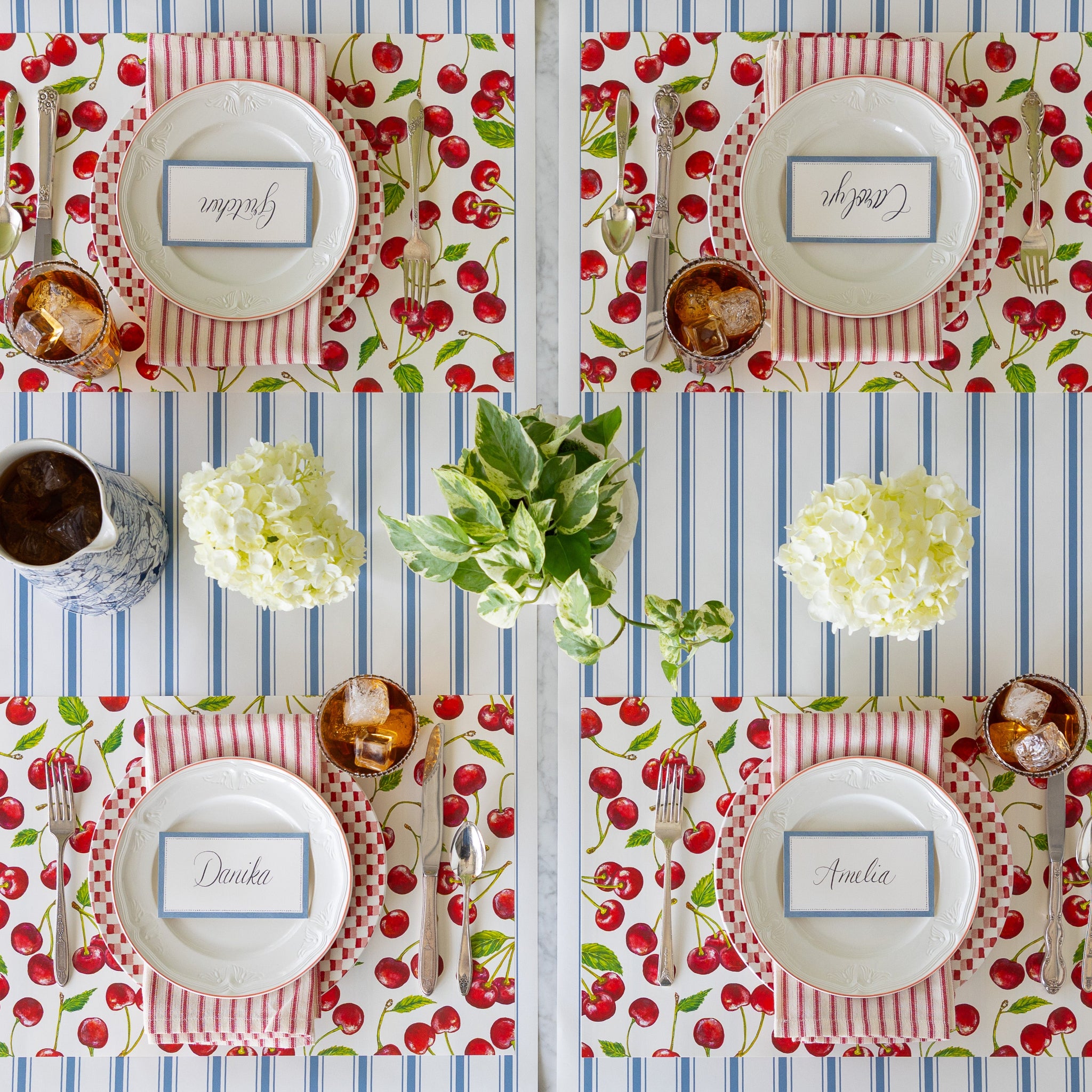 Table setting with the Cherries Placemats, Cornflower Blue Place Cards, vintage dinnerware, and floral decorations on the Cornflower Blue Linen Stripe Runner.