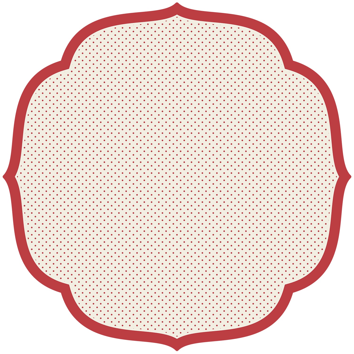 A die-cut paper placemat with four beveled sides outlined in red, the middle filled with small, evenly-spaced red dots on a white background.