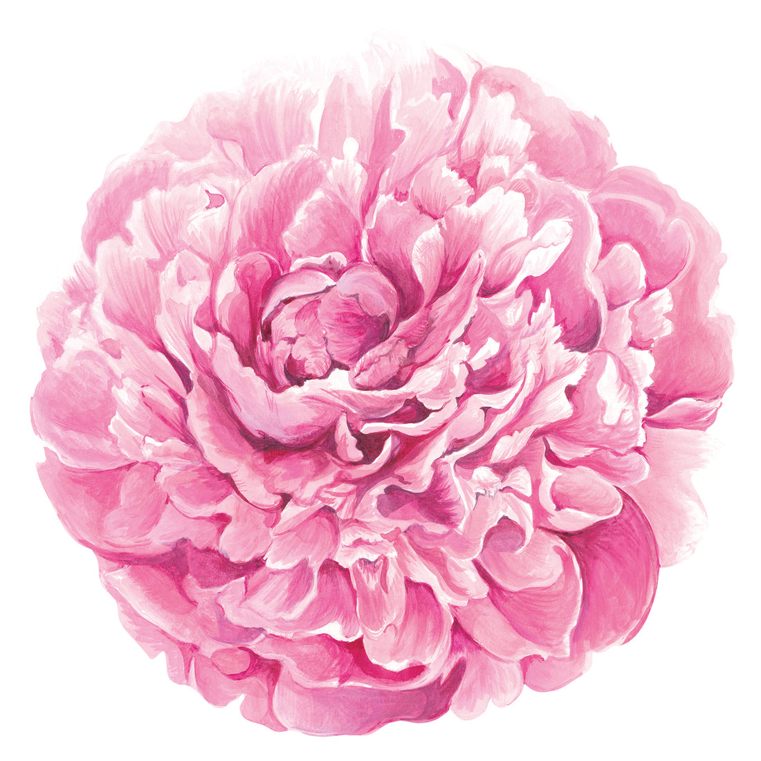 A die-cut illustration of a large, pink peony bloom backed with petals.