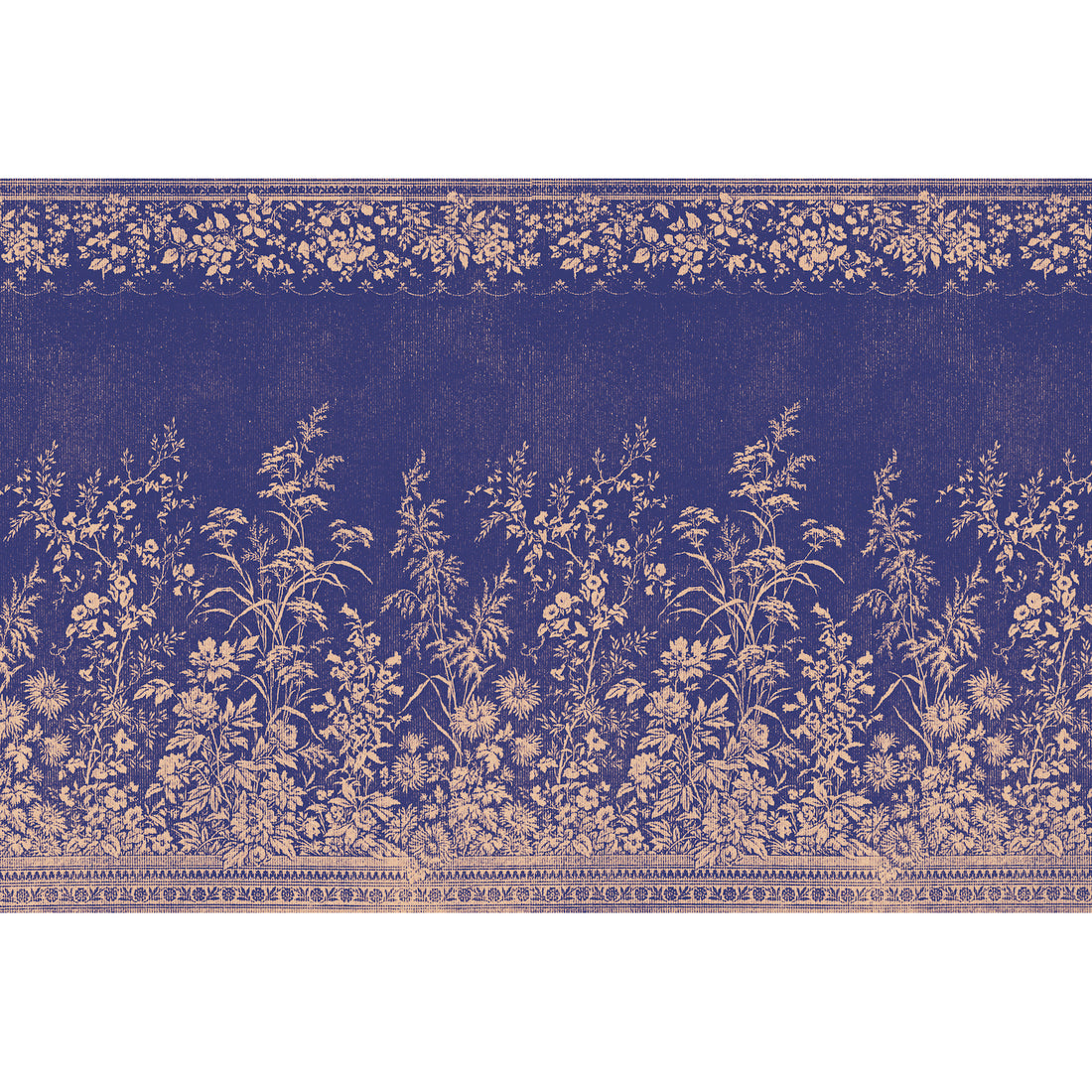 A fabric-inspired pattern featuring an ornamental border across the top and bottom, with a strip of blooms across the top and a tall row of dense wildflowers across the bottom, with a navy blue background printed on tan kraft paper.