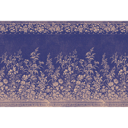 A fabric-inspired pattern featuring an ornamental border across the top and bottom, with a strip of blooms across the top and a tall row of dense wildflowers across the bottom, with a navy blue background printed on tan kraft paper.