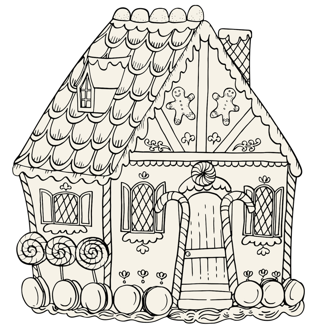 A die-cut coloring book-style illustration of a gingerbread house, outlined on black on a white background.