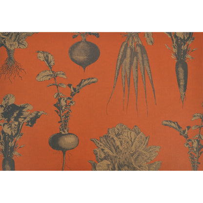 Large, engraving-style illustrations of turnips, carrots, and cabbages in dark grey with a deep orange background, printed on kraft paper.