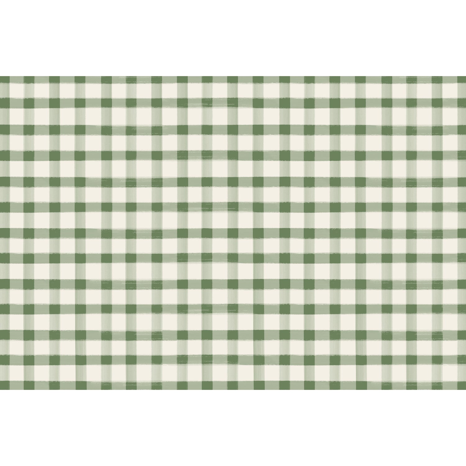 A painted gingham grid check pattern made of pale green lines intersecting at deep green squares, on a white background.