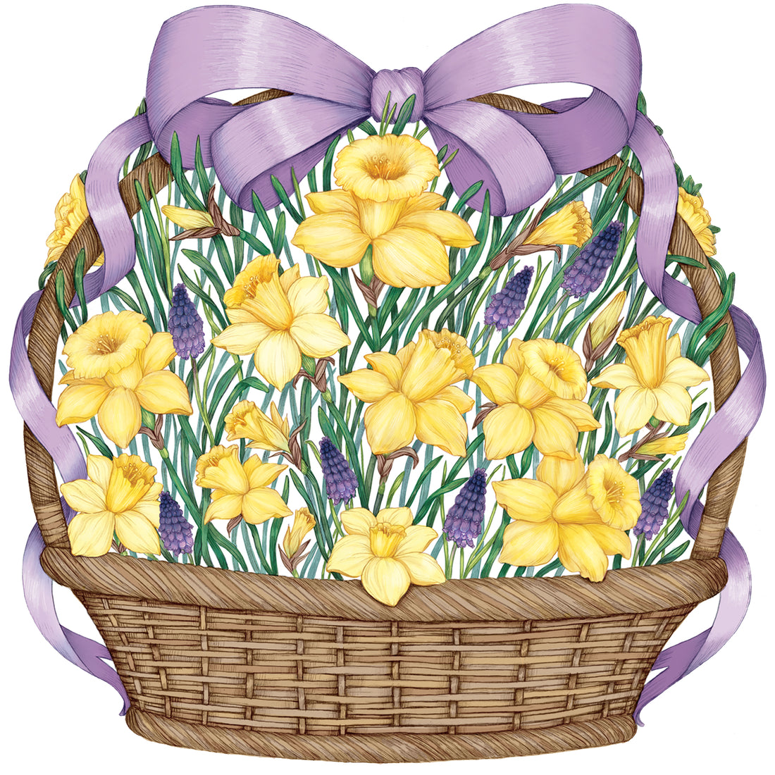 An illustrated wicker basket with a big purple ribbon bow on the handle, full of vibrant yellow daffodils and purple blooms with green foliage, on a white background.