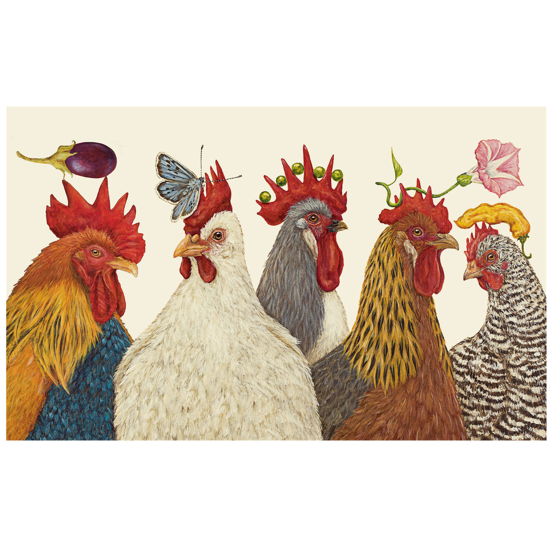 An illustration of five different chickens, wearing various botanicals on their heads, over a cream background.