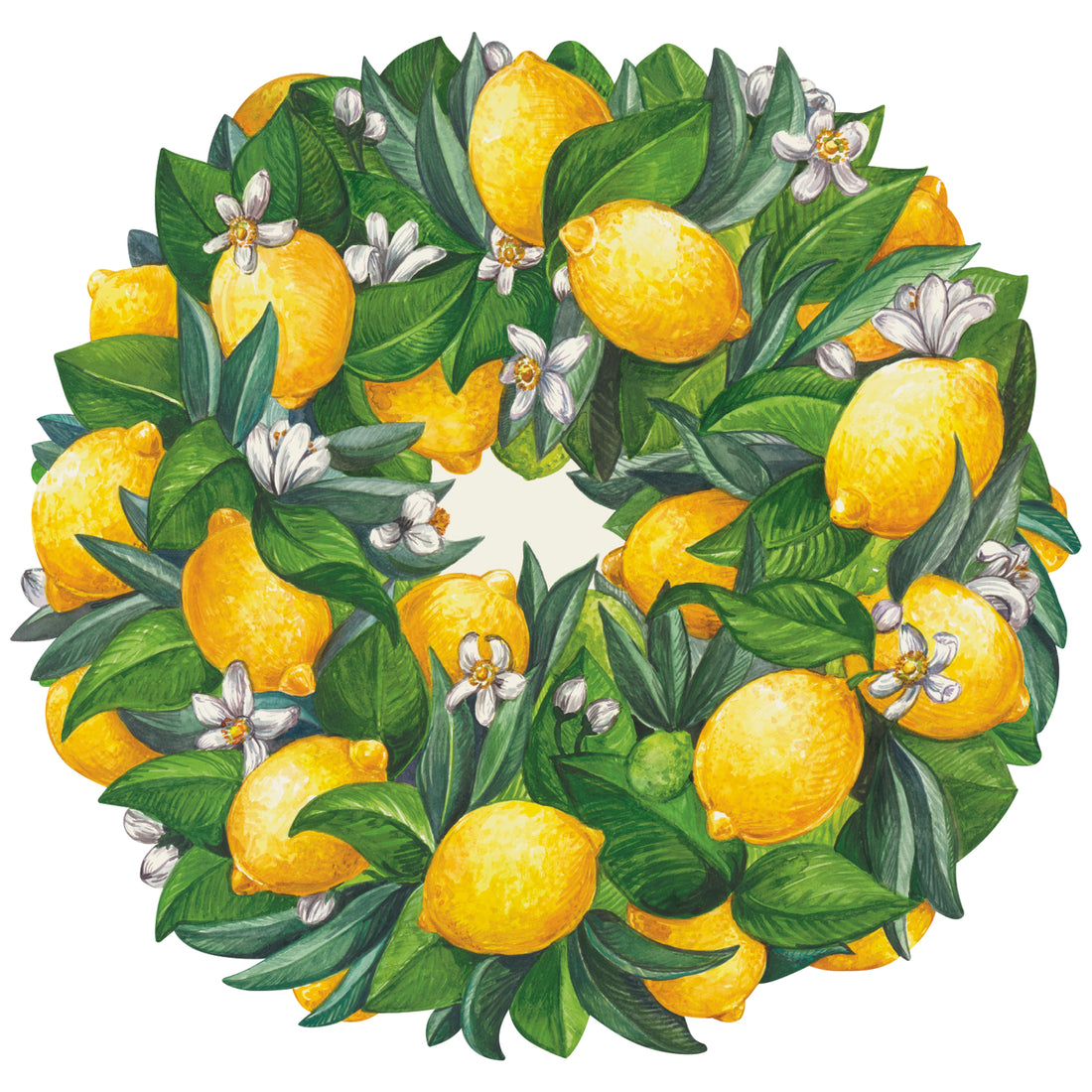 A round, die-cut illustration of a wreath of vibrant yellow lemons packed with green leaves and white blooms, with a blank white center.